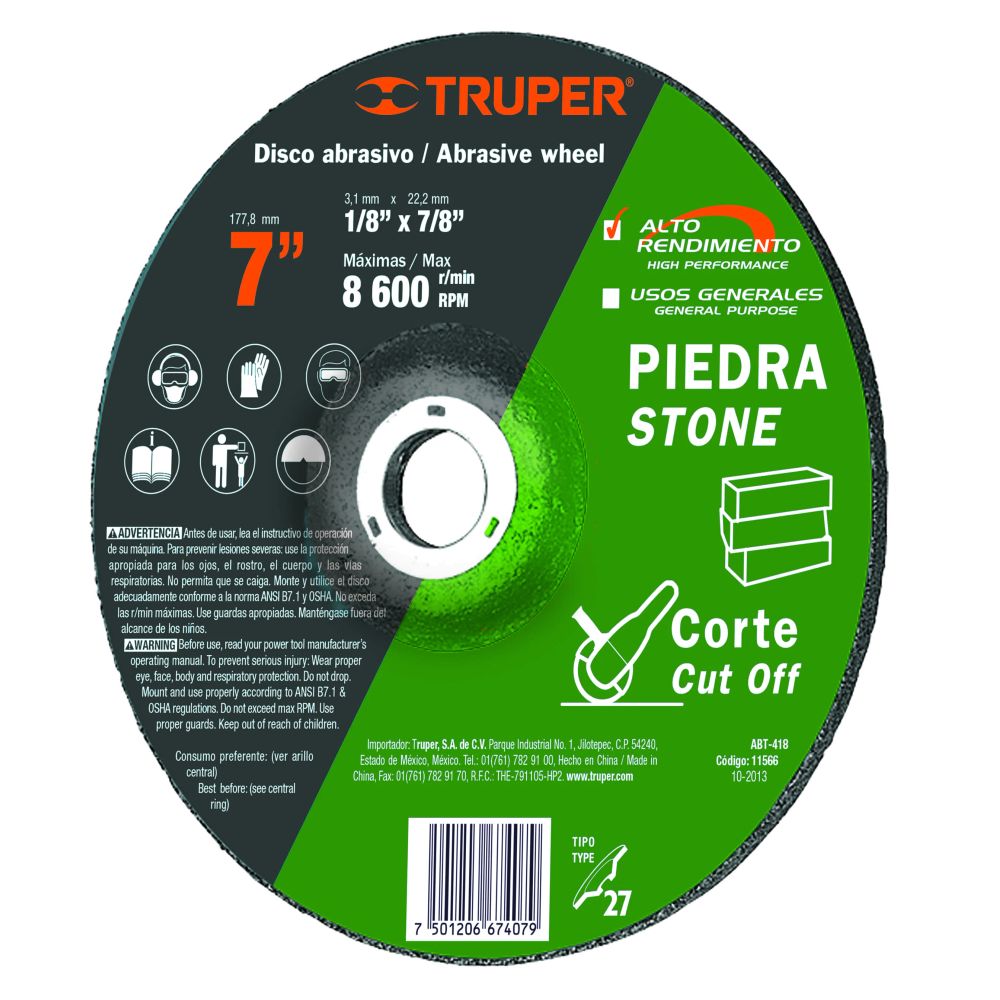 ProductoDISCO  PARA PIEDRA 7X1/8X7/8 3.2MM T27 TRUPER 11566