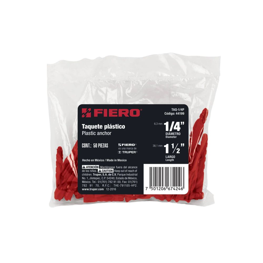 ProductoTACO PLASTICO S- 6 DE 6MM 1/4 BOLSA 50-PCS FIERO 44199