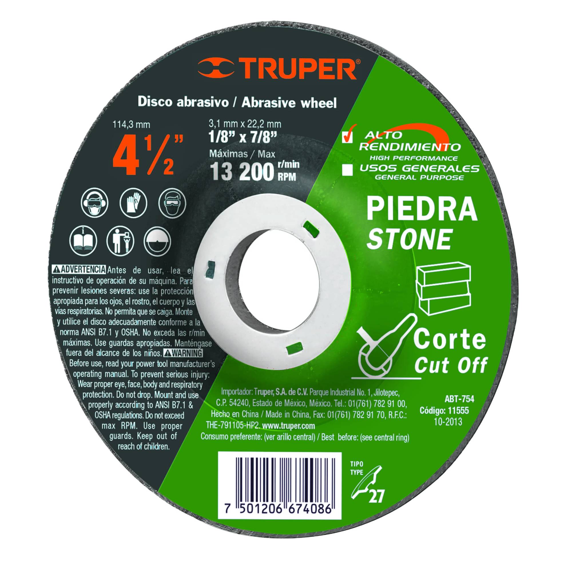 ProductoDisco para piedra 4-1/2x1/8x7/8 3.2mm t27 truper 11555